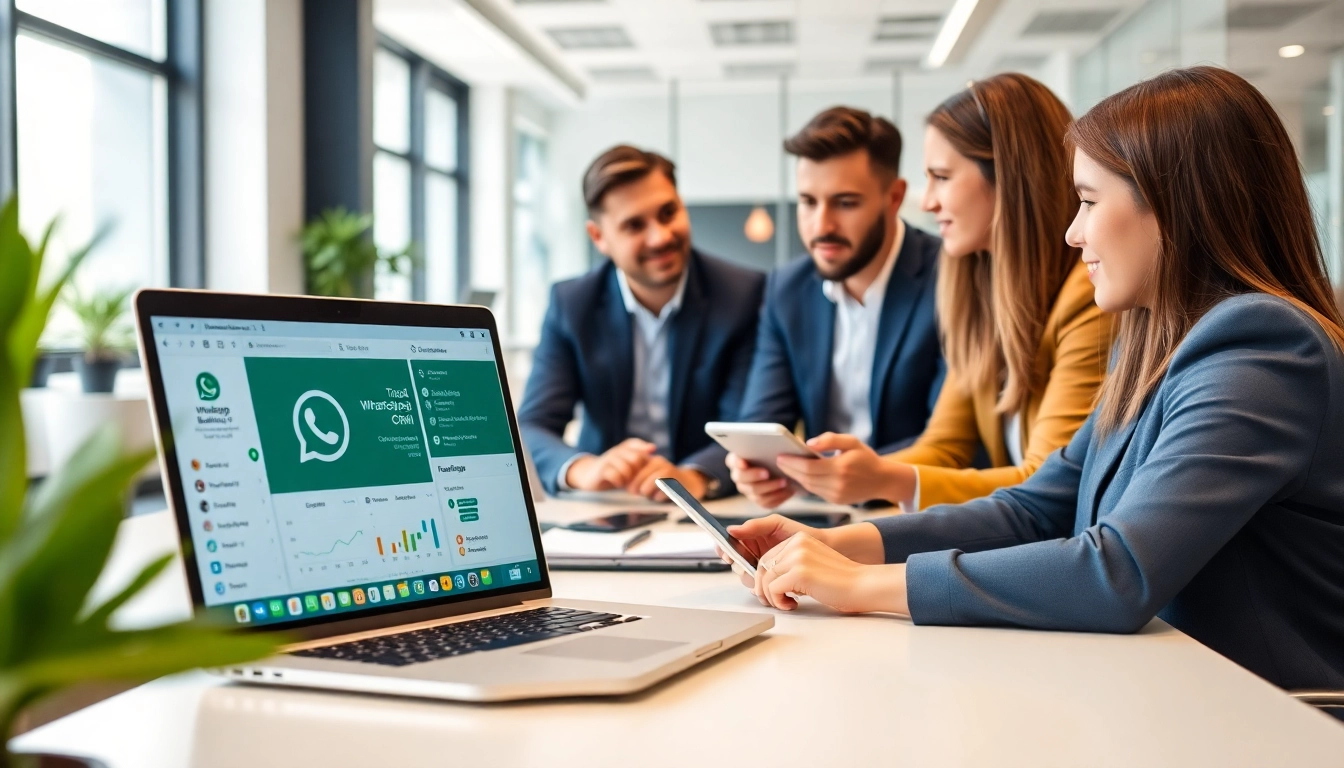 Collaborative business team utilizing WhatsApp Business CRM for enhanced communication.