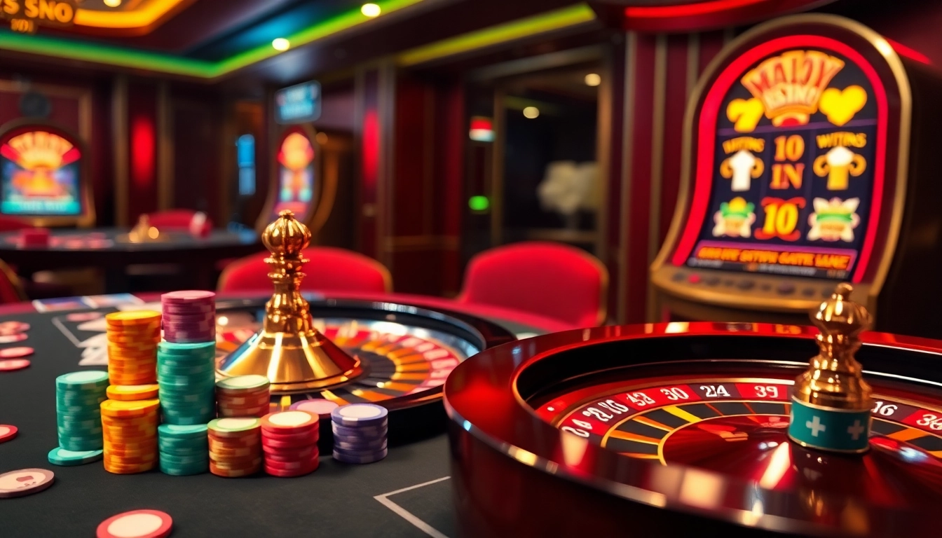 The excitement of gambling at https://99ok.co.im/, showcasing poker tables, roulette wheels, and vibrant slot machines.