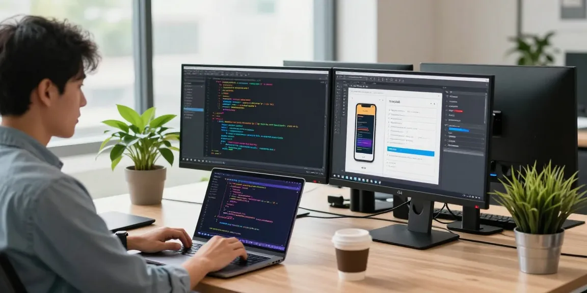 Developer working on 纸飞机中文版官网 in a modern workspace with dual monitors.