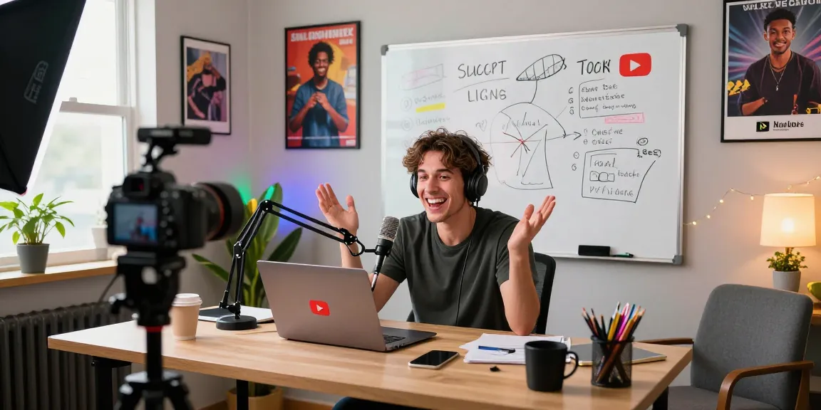 Increase your YouTube subscribers fast in a vibrant home studio with a content creator filming a tutorial.