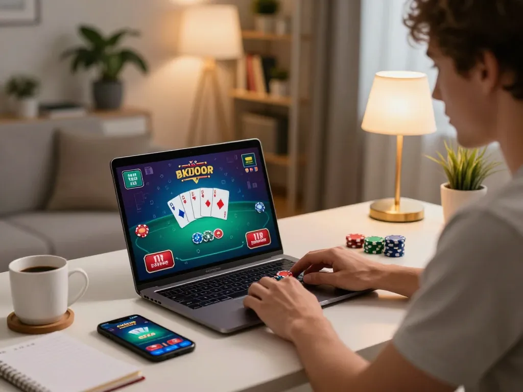 DOLA88 gaming player engaged in an online poker game at home, showcasing vibrant graphics and comfortable atmosphere.
