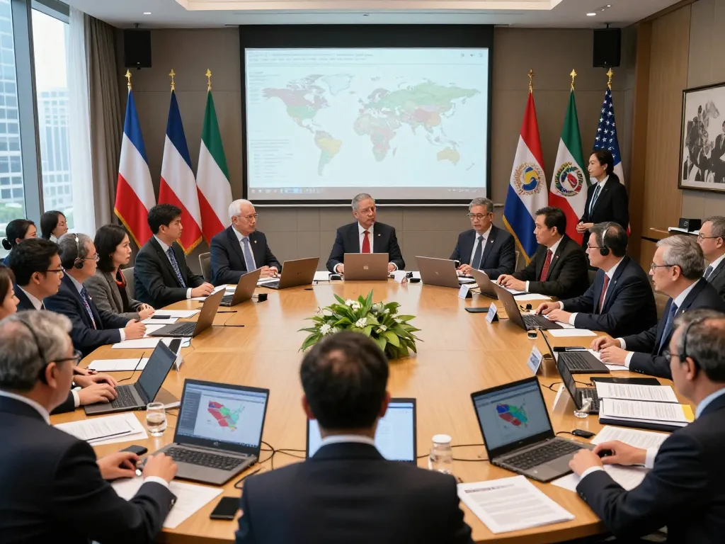 Diplomats discussing US foreign policy strategies at a global conference.