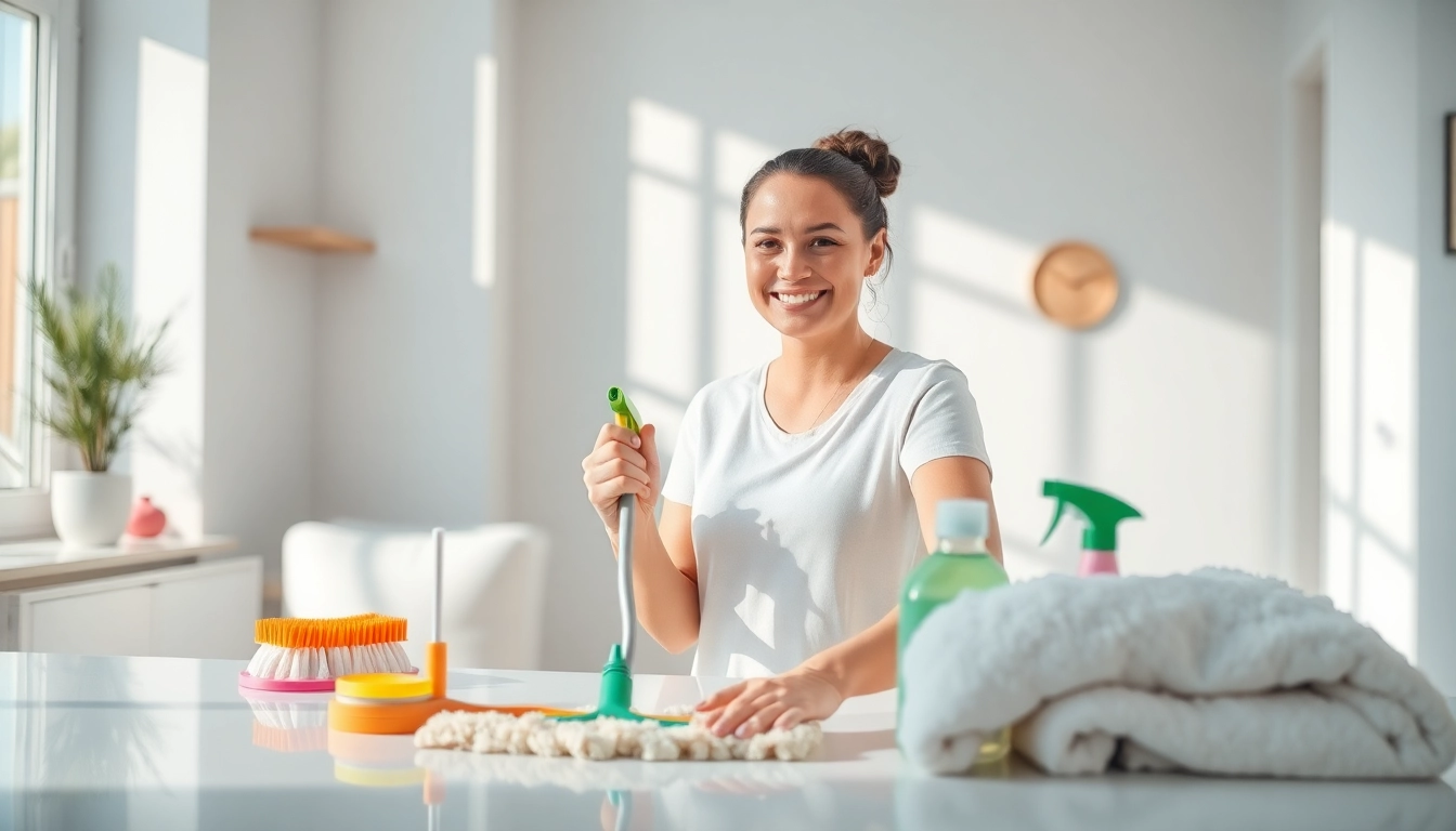 Ensure your home sparkles with our top-rated Cleaning Service, featuring a professional cleaner in action.