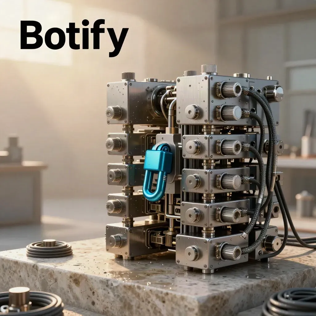 Brushed-metal automation modules and cyan connector on wet stone in golden-hour mist.