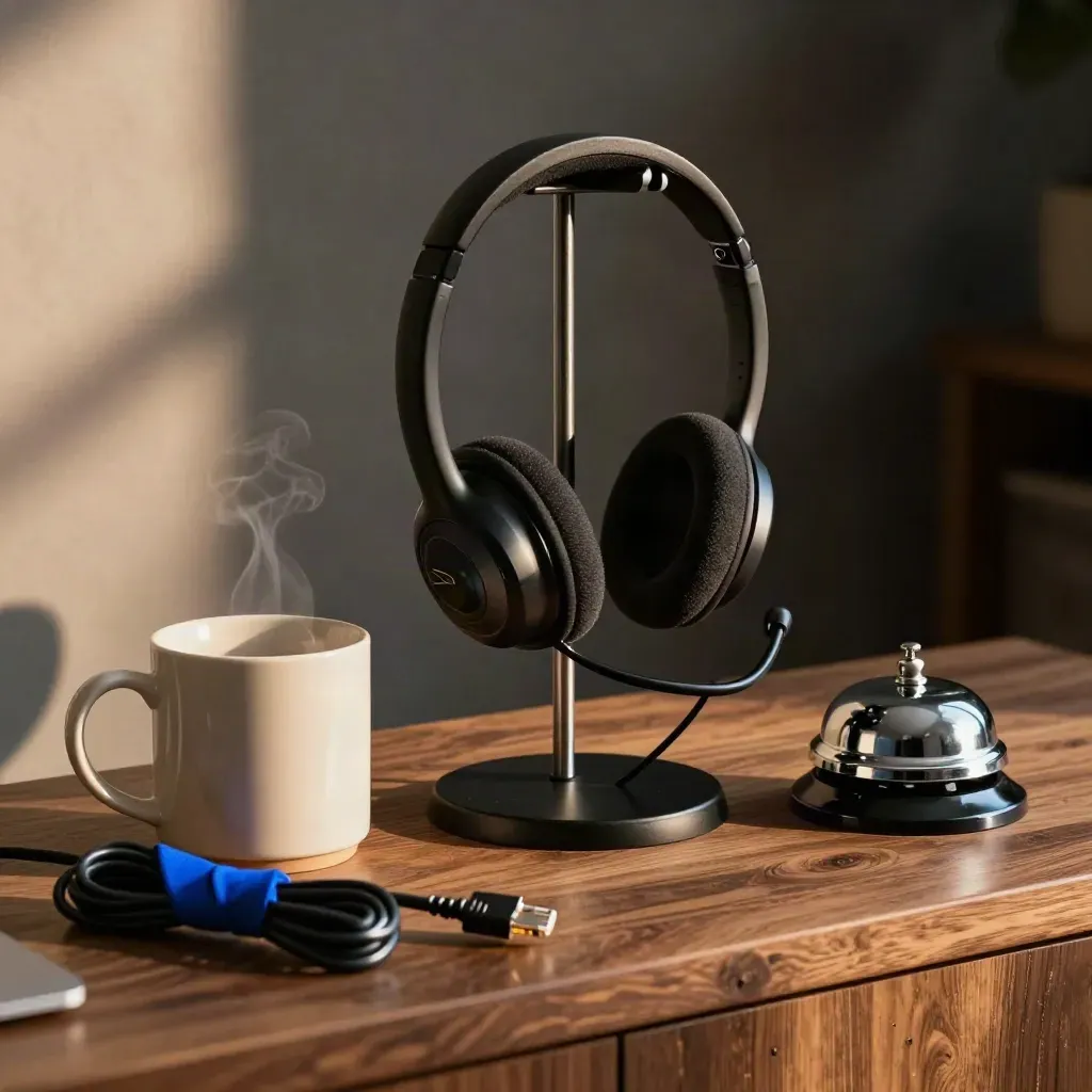 Headset stand, mug, ethernet cable and desk bell on a walnut support counter in dramatic studio light.