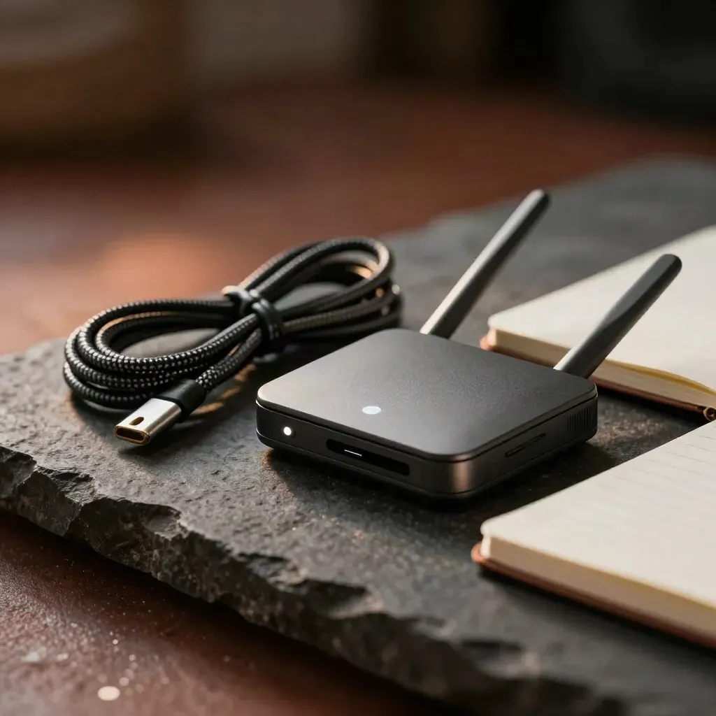 Macro kit of router, cables, adapter case and closed notebook on charcoal stone.