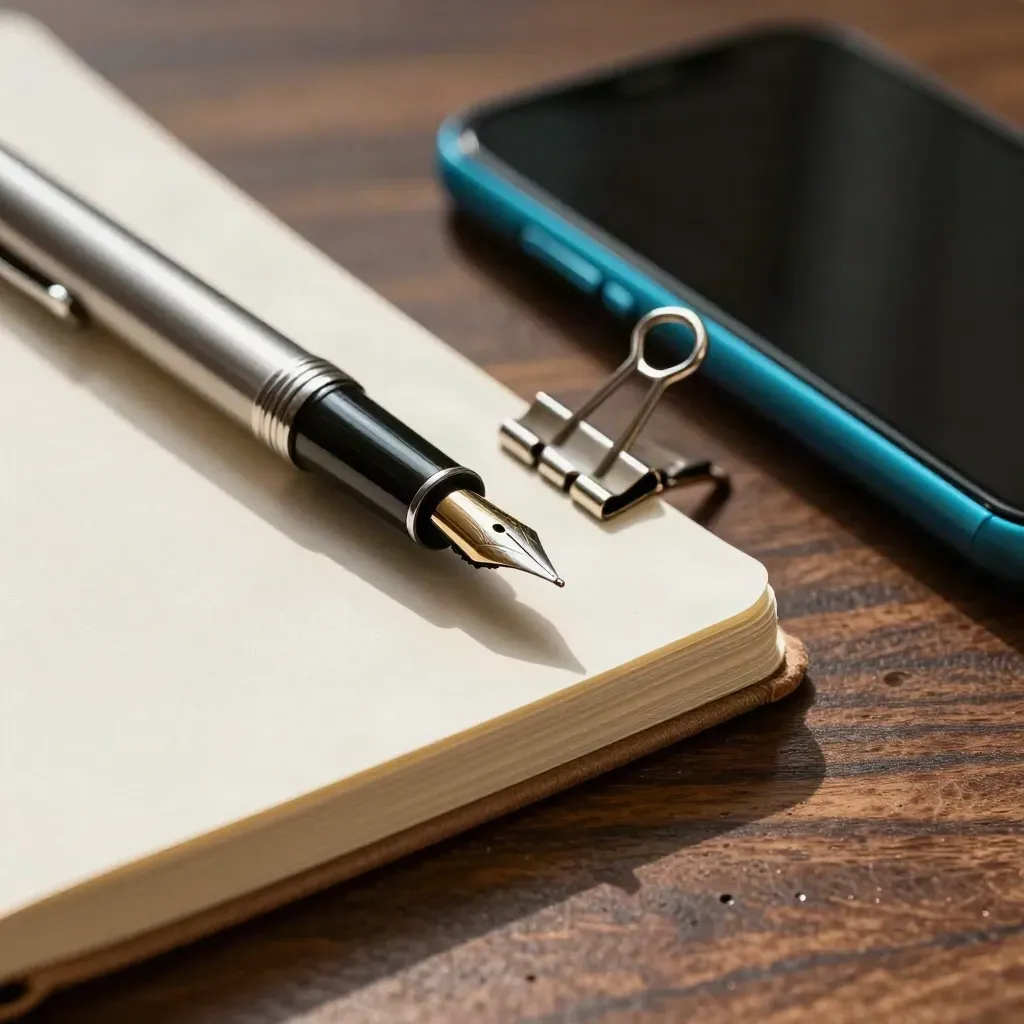 Macro still life of notebook, fountain pen, metal clip and parked phone on dark wood.