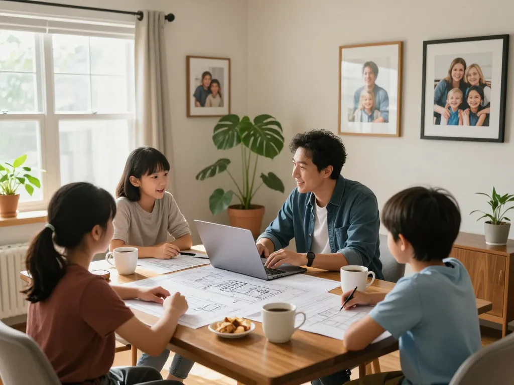 We buy houses for cash discussion in cozy living room with family exploring renovation options.