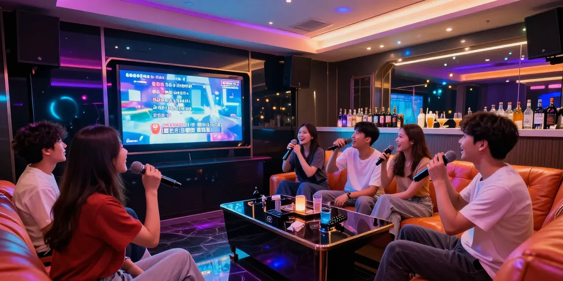 강남가라오케에서 친구들과 즐거운 시간을 보내는 모습과 화려한 조명, 고급스러운 음향 시스템이 돋보입니다.