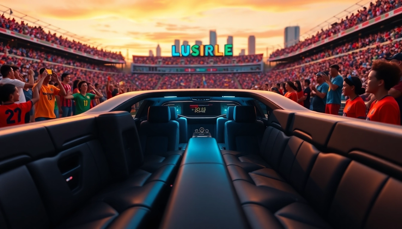World Cup Group Transportation in a luxury limousine parked before a Los Angeles stadium, showcasing vibrant fan atmosphere.