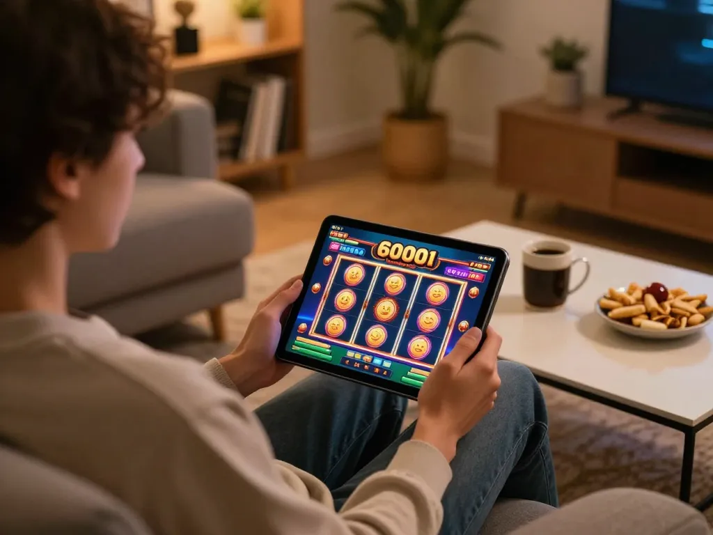 Engaging home scene of a player using tablet for slot6000 gaming, showcasing a vibrant online slot game.