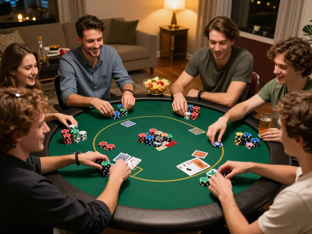 Engaging home poker night showcasing strategic gameplay with friends while enjoying snacks and drinks.