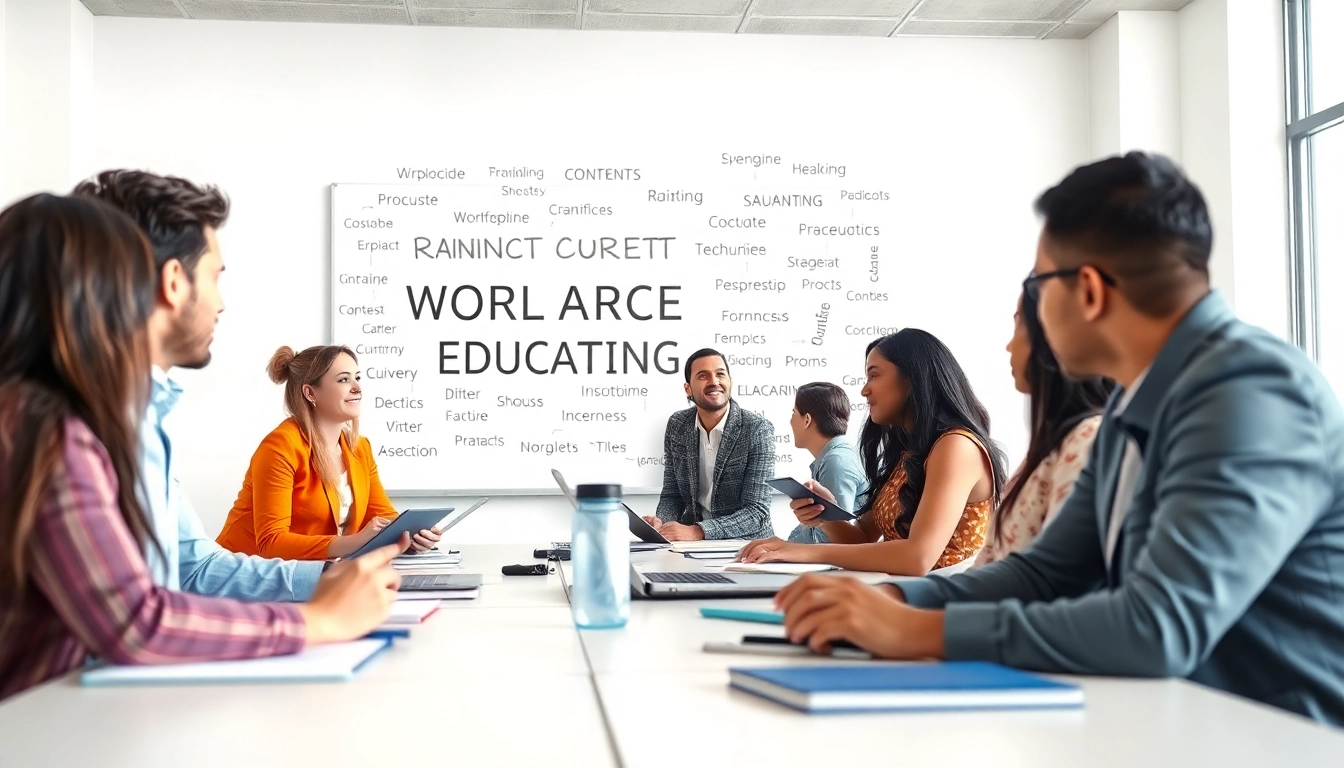 Participants collaborating on workforce education topics in a modern training environment.