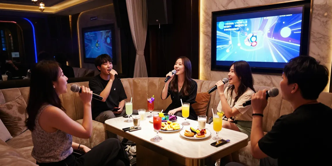 강남가라오케의 고급스러운 룸에서 게스트들이 노래를 부르며 즐거운 시간을 보내고 있는 모습
