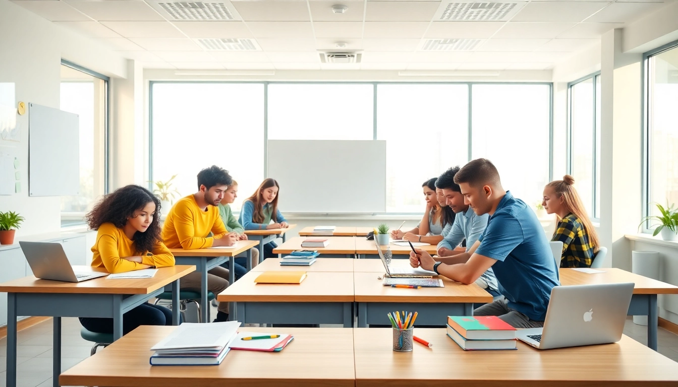 Engaged students in a bright and collaborative Education classroom setting.