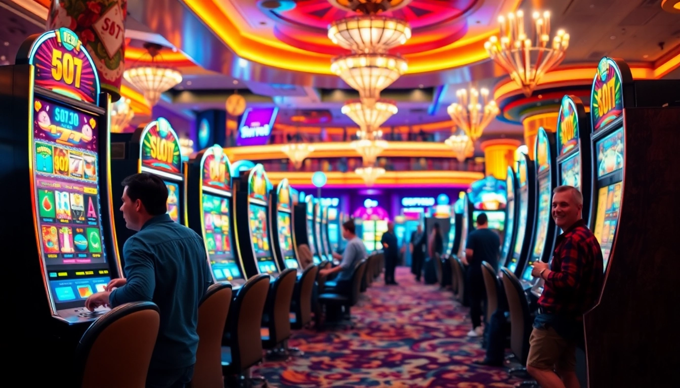 Slot777 terbaru dengan pemain bersenang-senang di kasino yang cerah dan penuh warna.