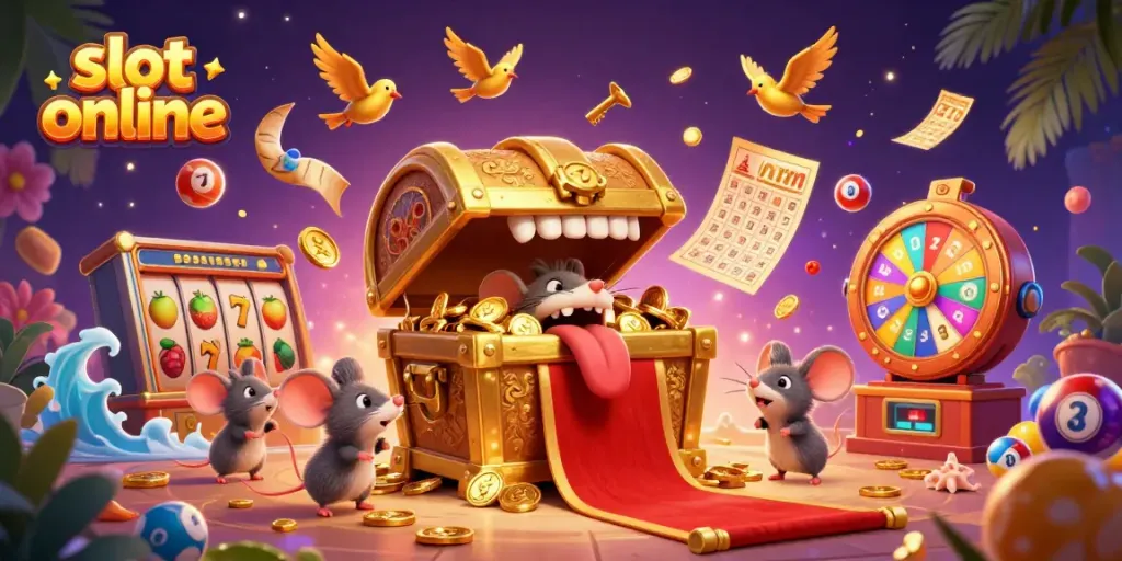 Win big with slot online treasures and characters in a vibrant, dynamic casino scene.