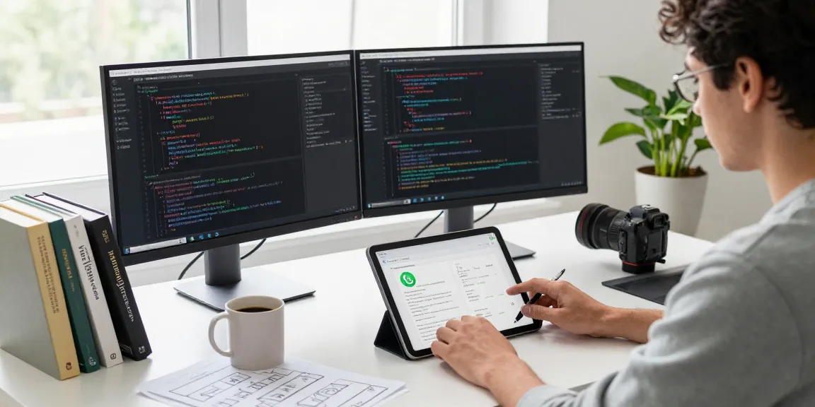 Creative workspace scene with WhatsApp下載 mobile app development, dual screens with code, and bright natural light.