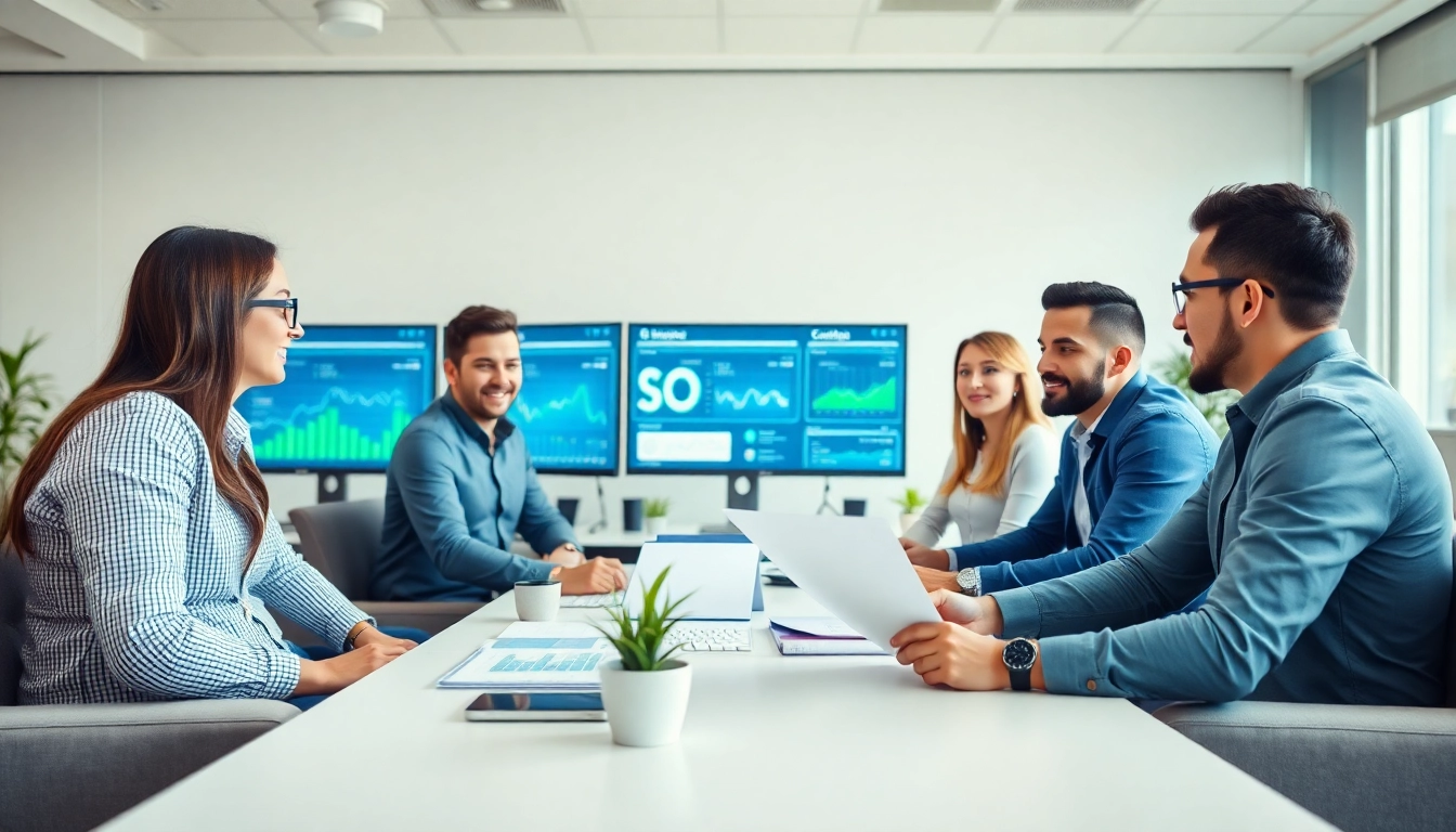 SEO Agency Clearwater team strategizing in a modern office setting with analytics displays.