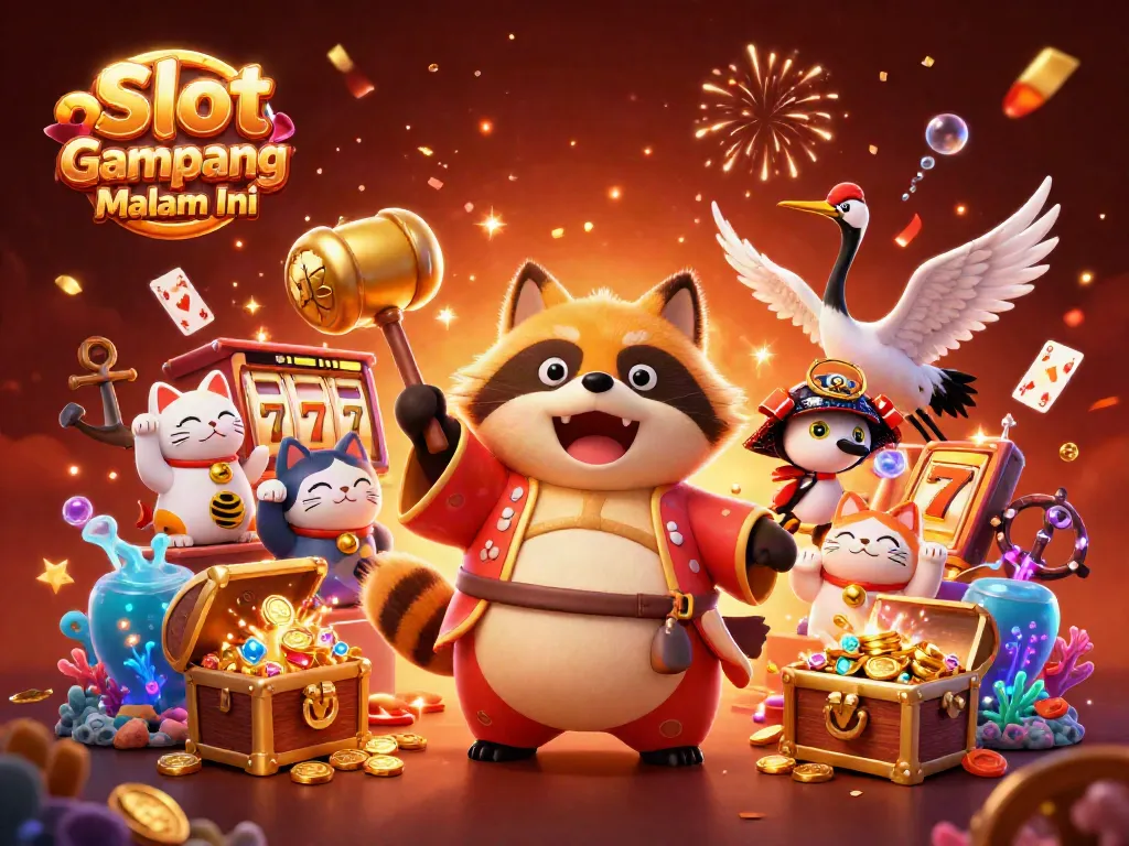 Slot Gampang Jackpot Malam Ini menunjukkan ilustrasi 3D ceria dengan karakter tanuki dan elemen jackpot untuk menarik pemain.