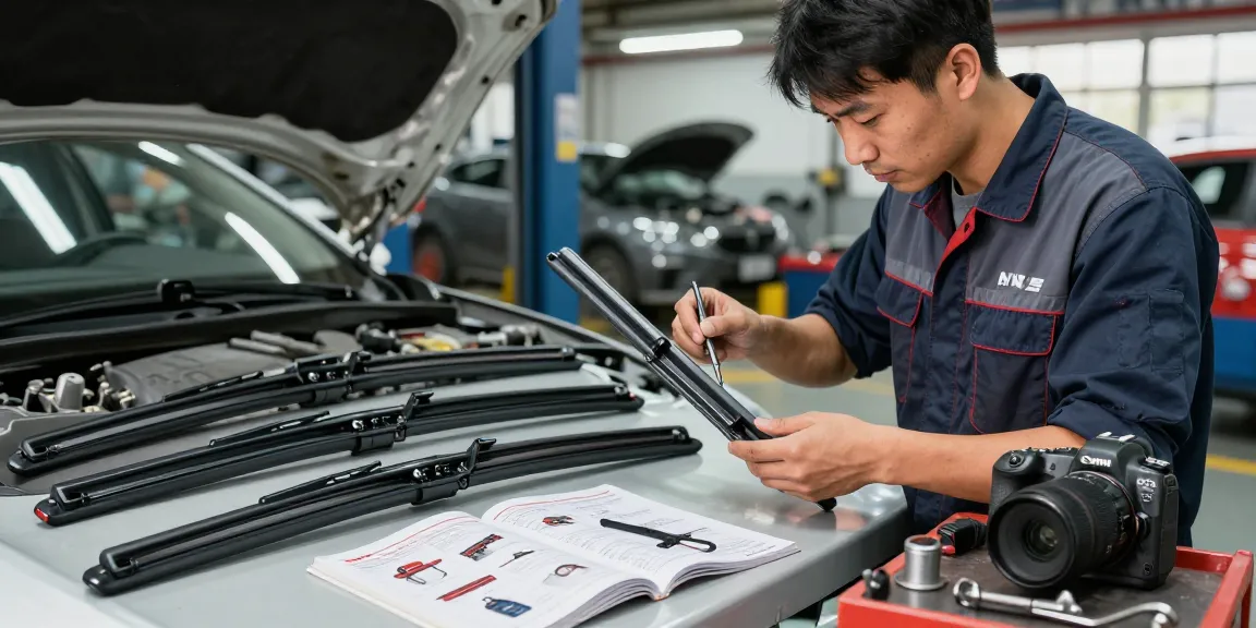 Mechanic demonstrating flat wiper blade features in a busy automotive garage.