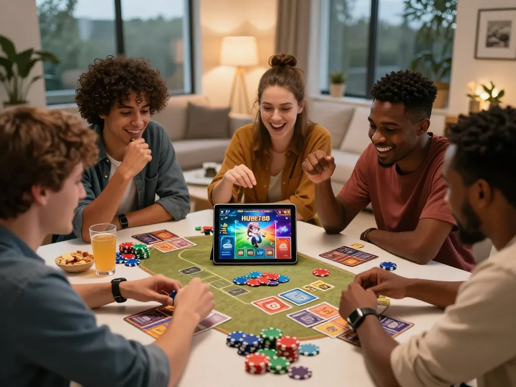 TIN TỨC hubet88 players enjoying a vibrant card game in a cozy living room setting.