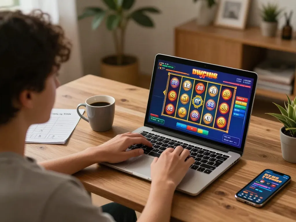 Engaging in w 88 online gaming at home using a laptop, showcasing a vibrant slot game interface
