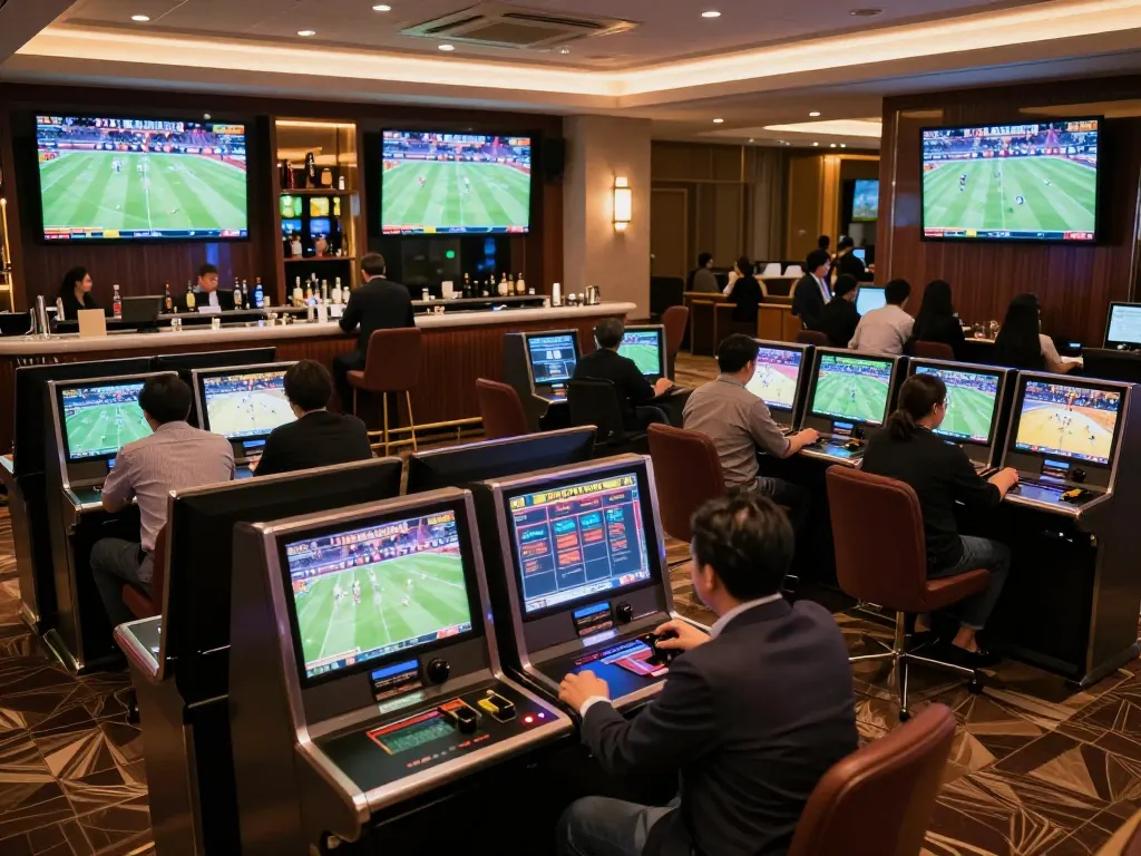 Enthusiastic bettors engage in real-time wagers at KÈO TRỰC TUYẾN's sports betting lounge, with lively screens and modern decor.