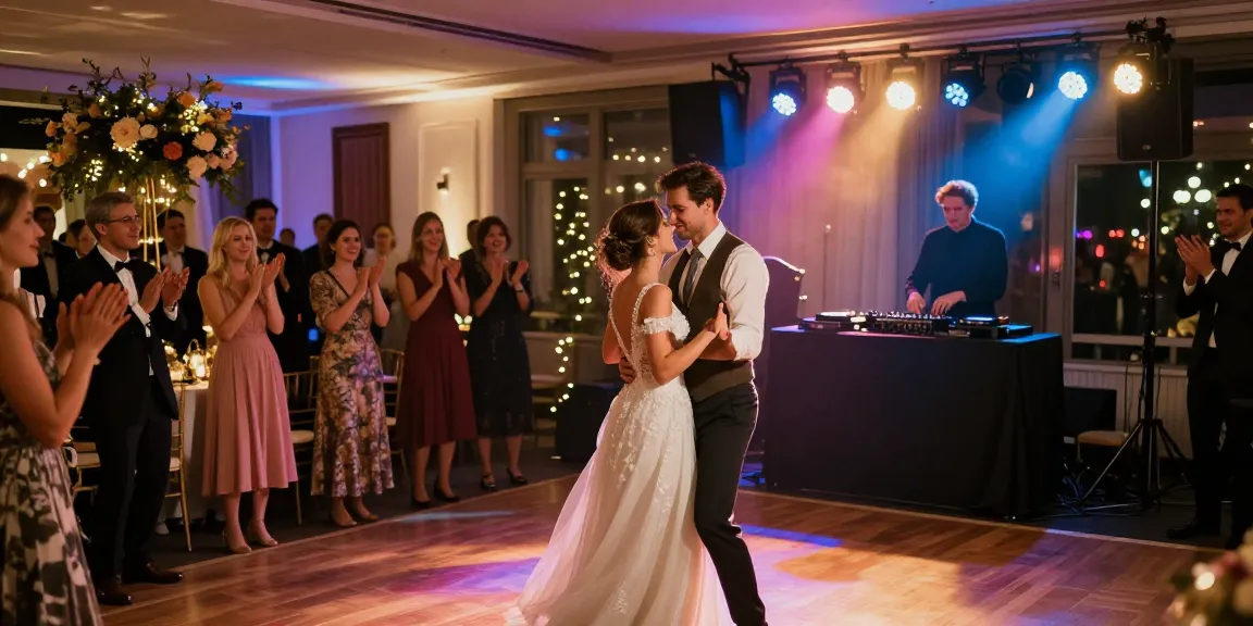DJ für Hochzeit Berlin: Festliche Tanzfläche mit einem DJ und einem glücklichen Brautpaar.