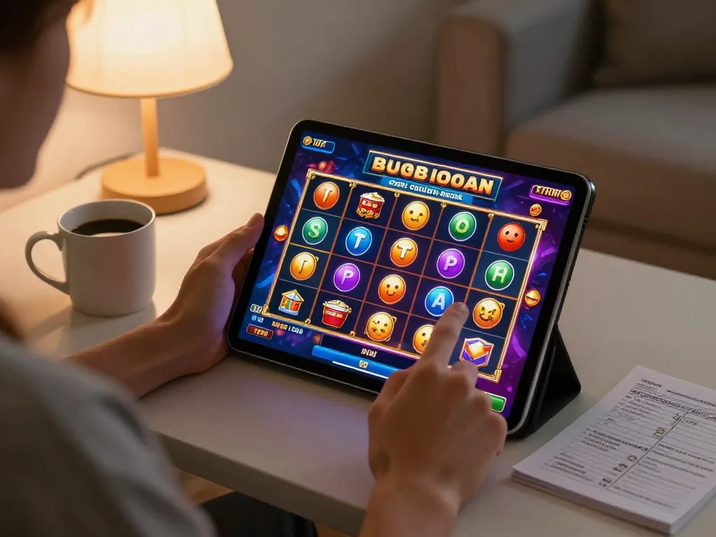 Engaging player enjoying สล็อต on a tablet in a cozy living room, promoting responsible gaming.