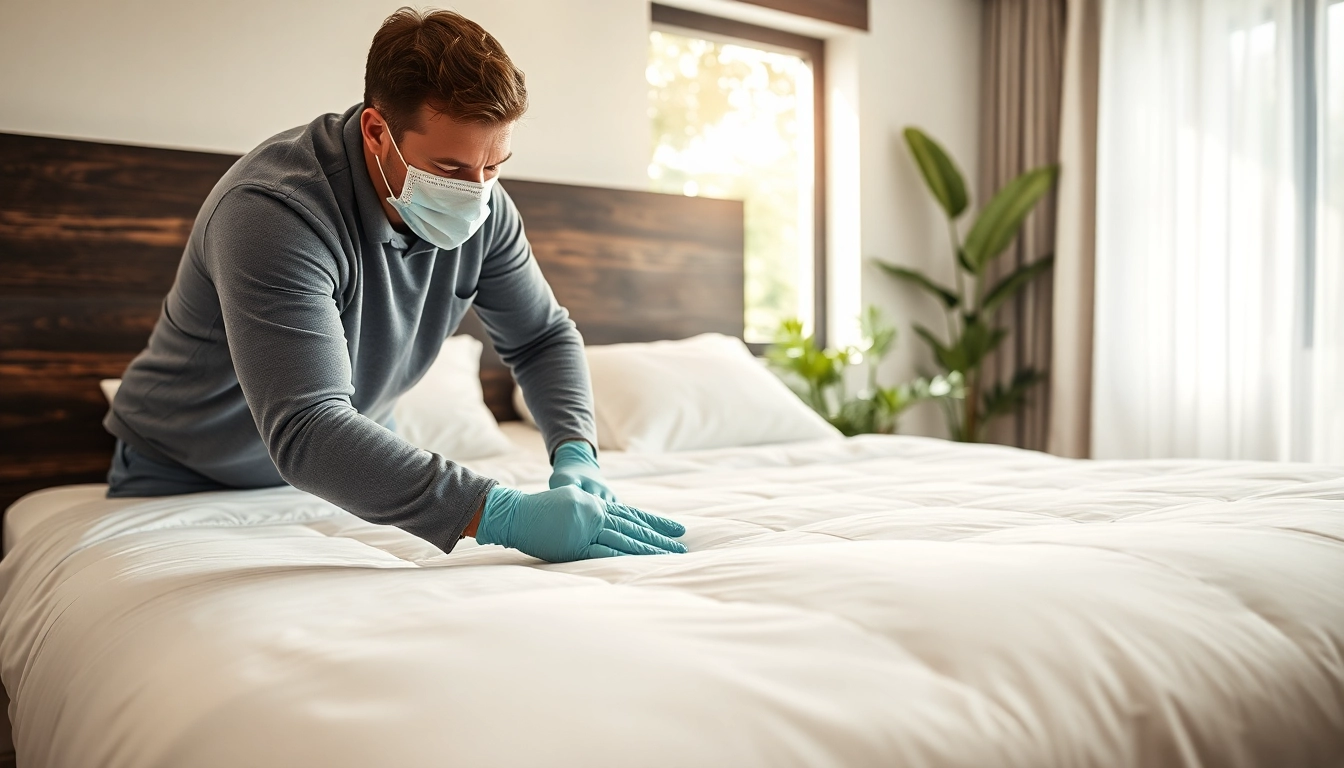 Professional applying affordable bed bug treatment in a modern bedroom with sunlight and a clean atmosphere.