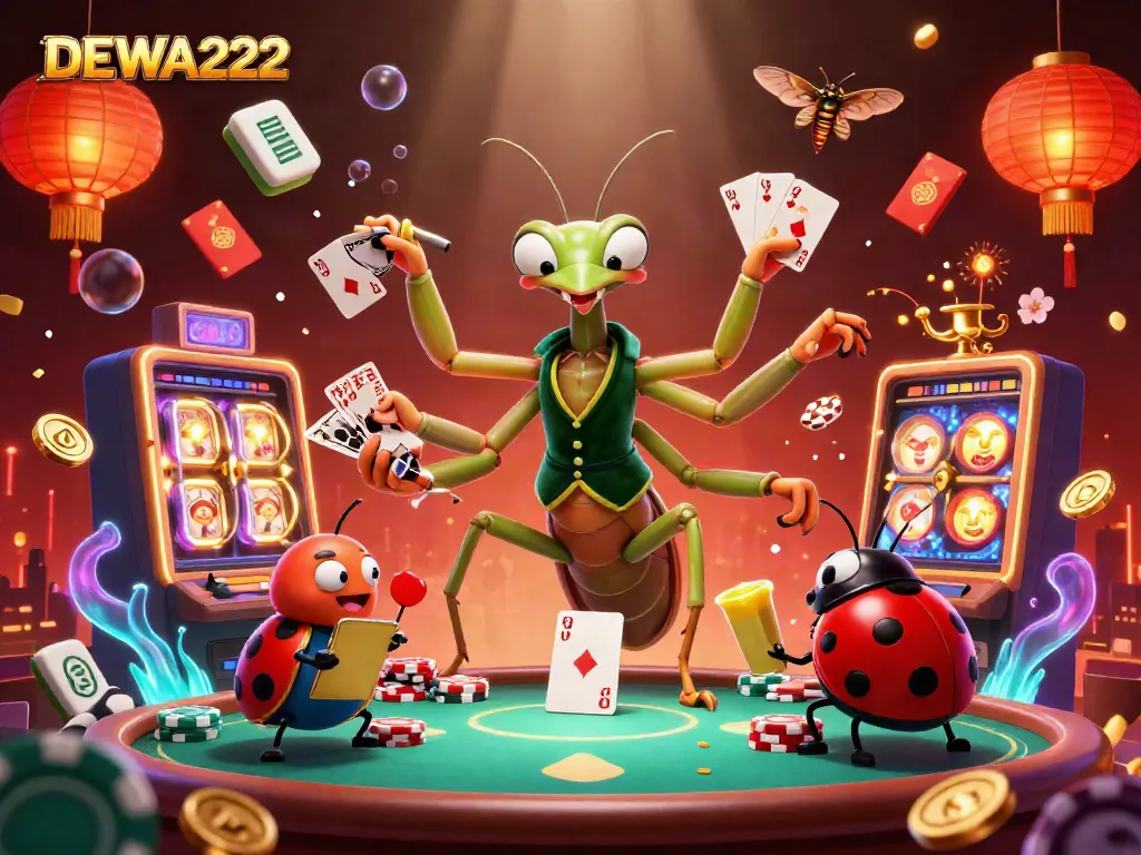 Engage in thrilling gaming experiences on DEWA222 with vibrant visuals of card games and slot machines.