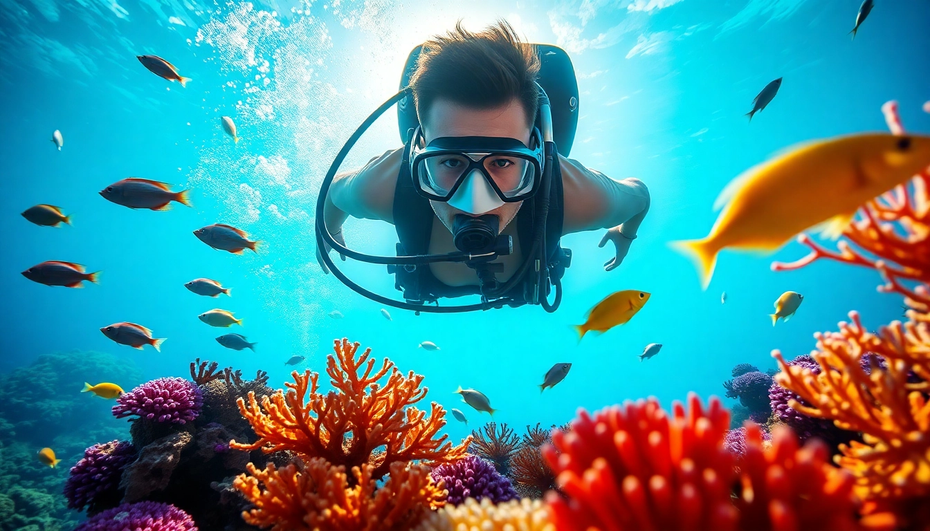 Erlebe SSI Kurse unter Wasser mit einem Taucher, der lebendige Korallen und Meereslebewesen umgibt.