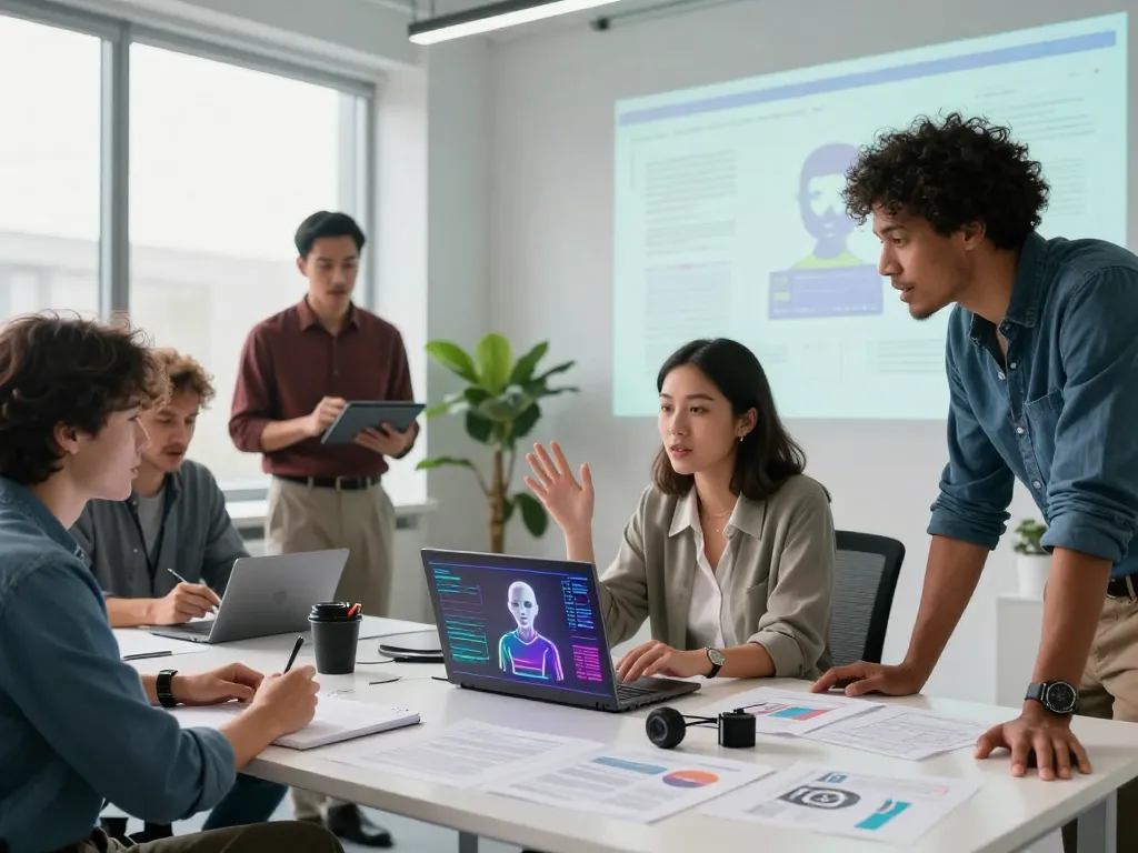 Professionals collaborating in a modern tech workspace on sex AI innovations, showcasing teamwork and innovation.