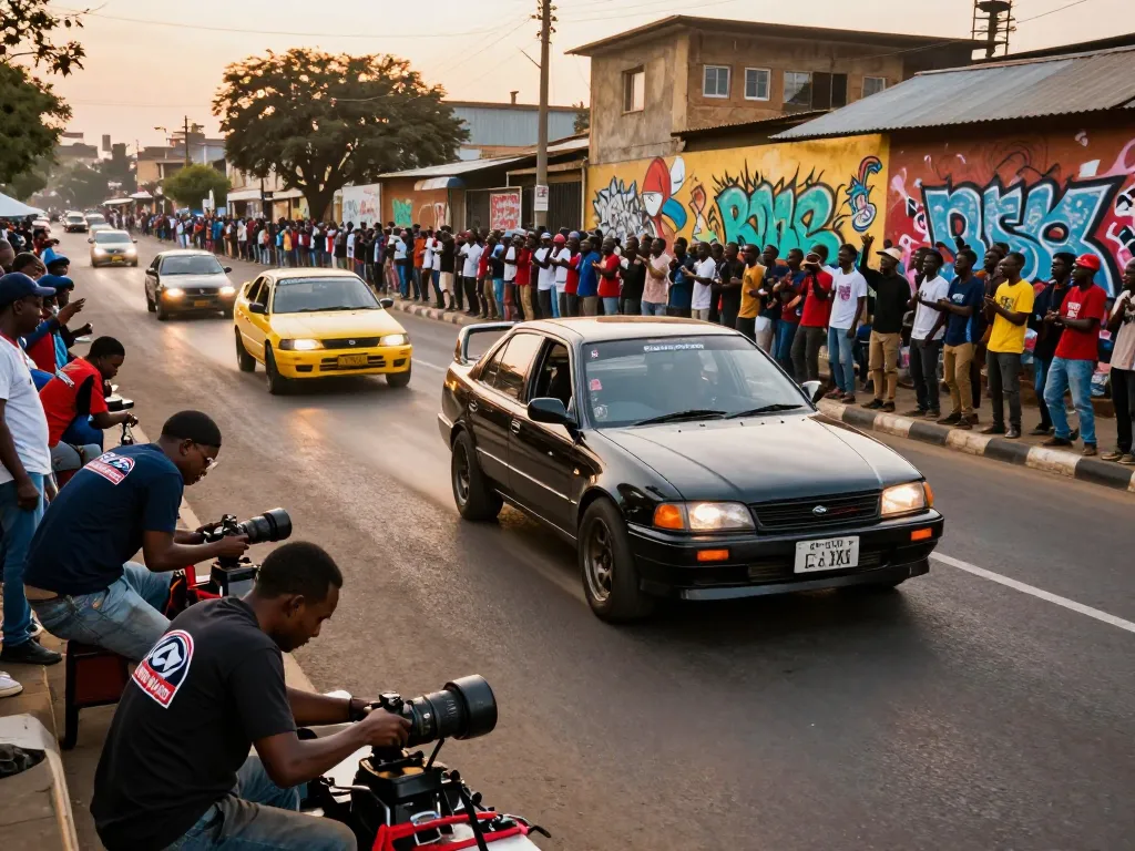 High-energy kenya street racing event in Nairobi with excited crowds and modified cars.