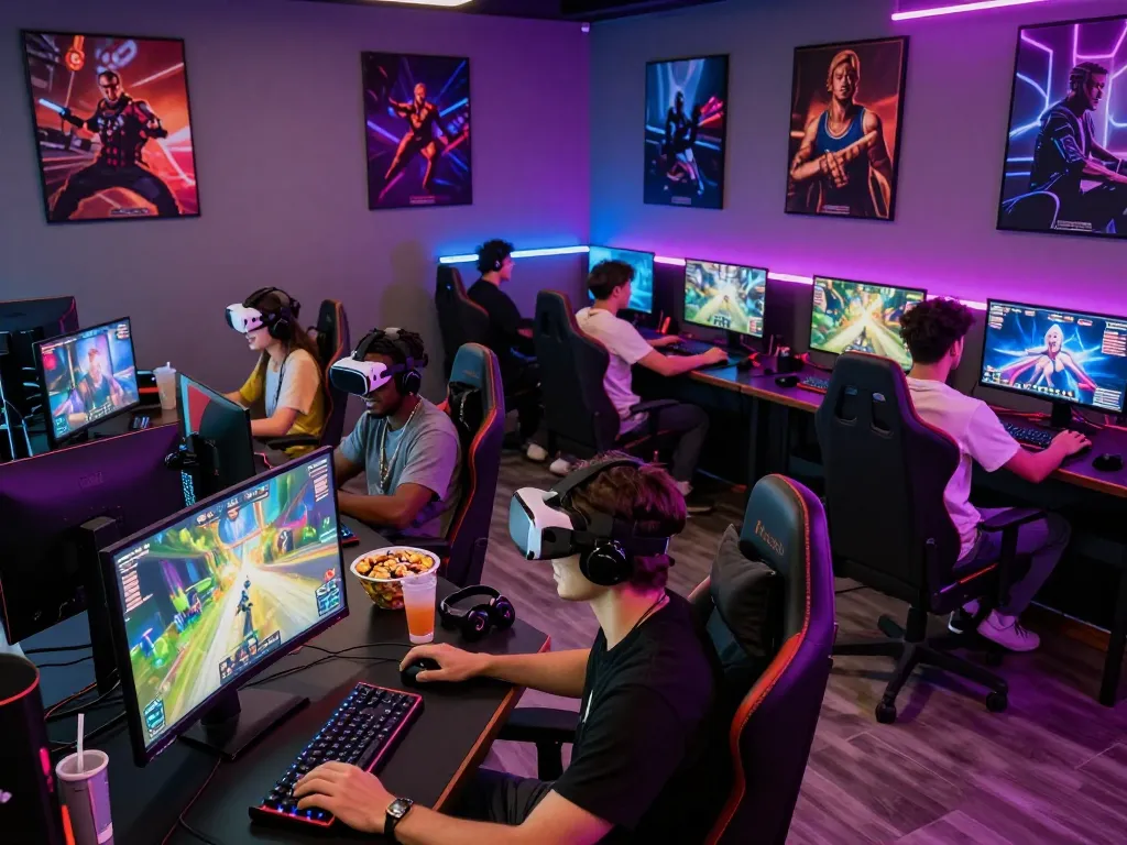 Exciting gaming scene at vegasslot77 with players enjoying high-end gaming setups.