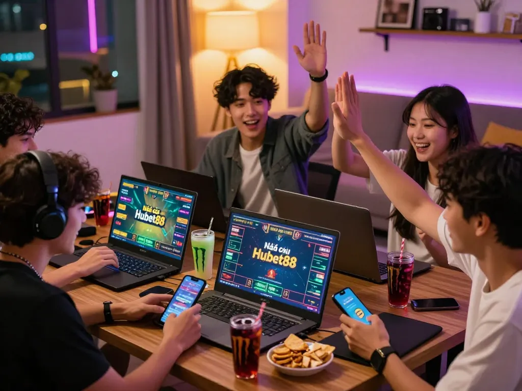 Enthusiastic gamers enjoying a multi-player betting game with Nhà cái Hubet88, showcasing camaraderie and joy.