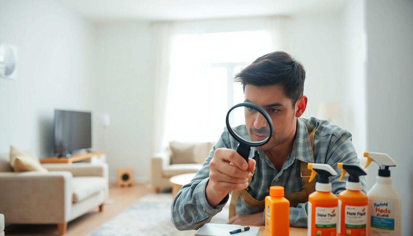 Expert conducting affordable bed bug treatment inspection in a tidy living area.