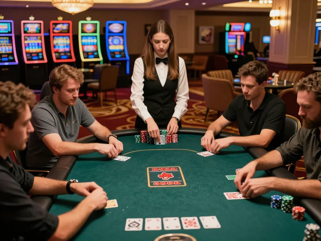 33CC poker players strategizing bets at an upscale casino table with chips stacked high and cards in play.