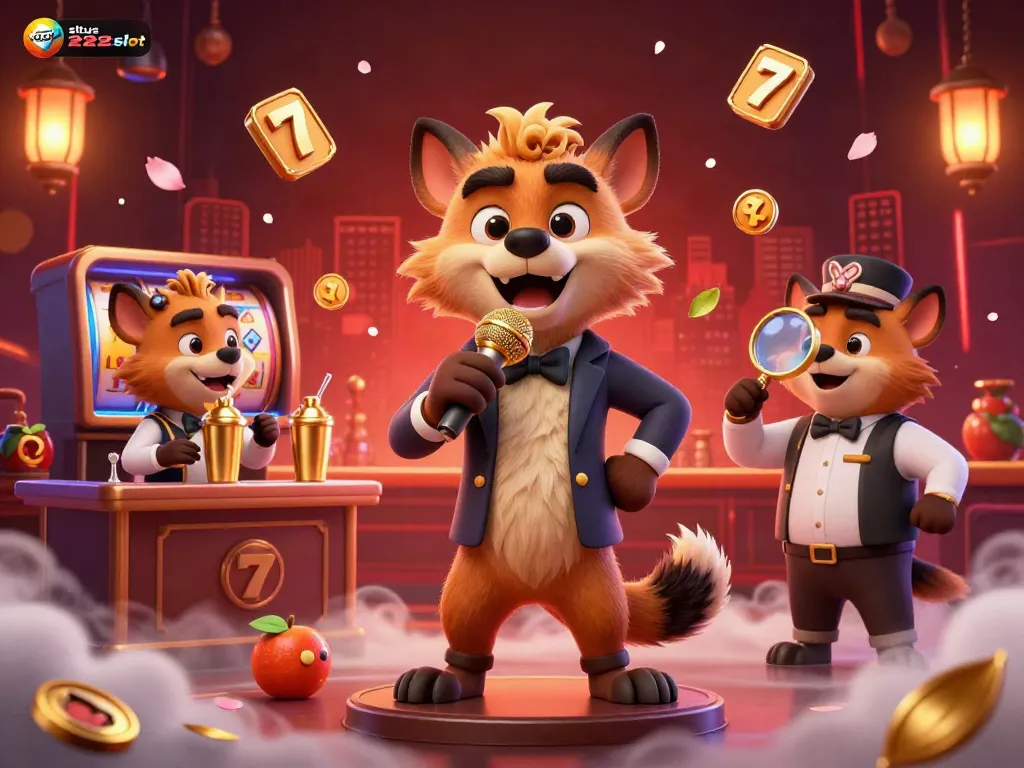 Menampilkan situs 222slot dalam ilustrasi kasino dengan hyena dan mainan slot menyenangkan.