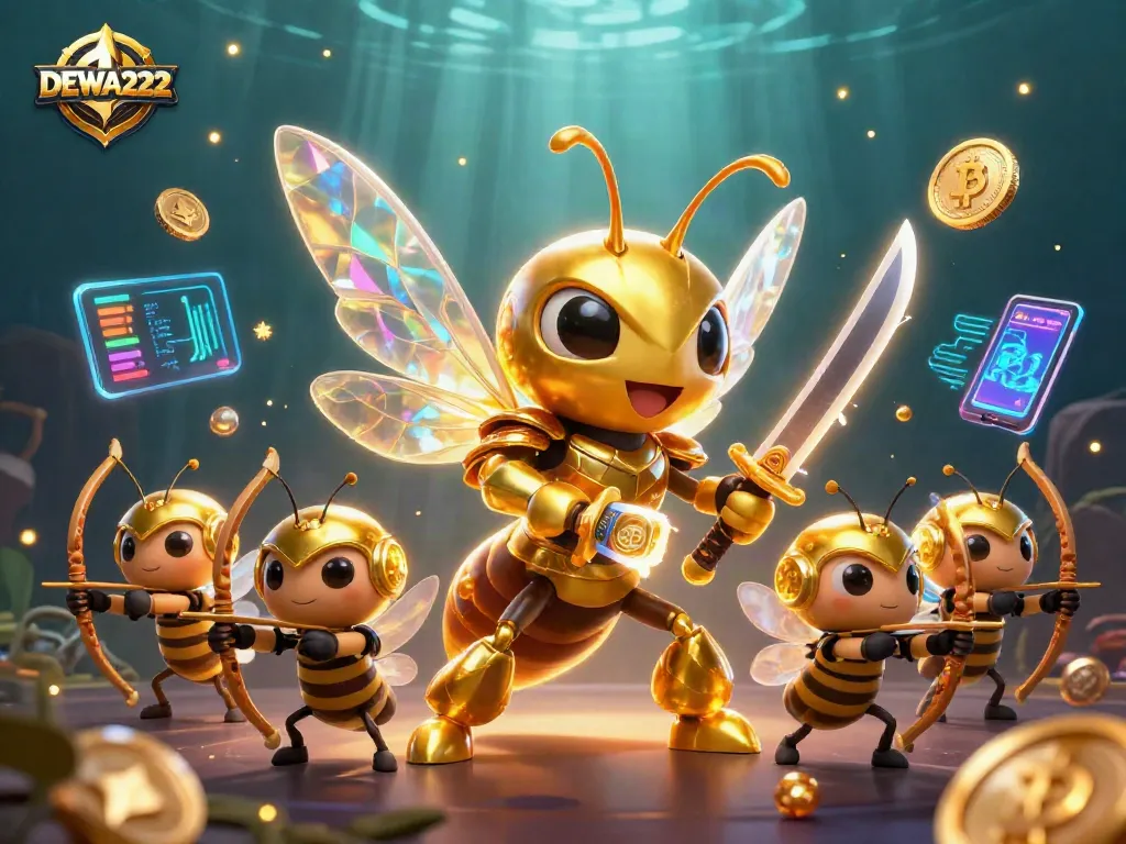 Experience winning fun with DEWA222 through vibrant slot games and crypto elements in an engaging 3D scene.