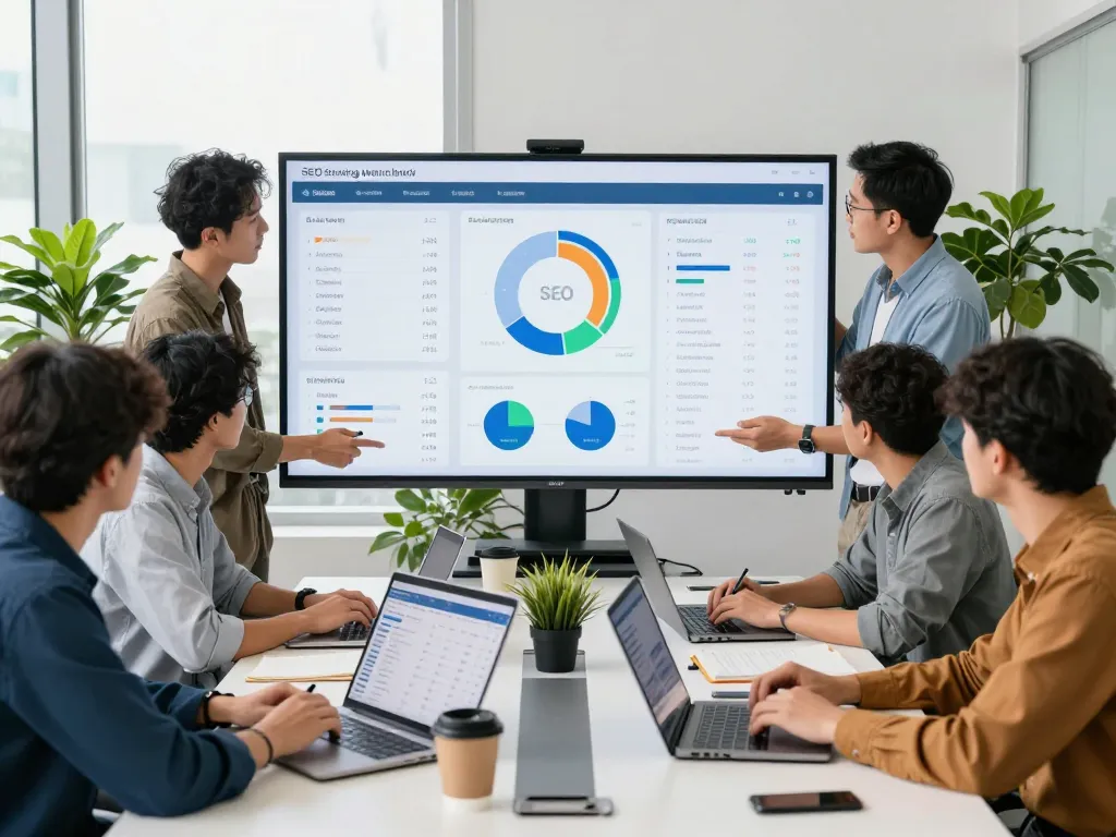 Team collaborating in a modern office highlighting professional seo services kl and analytics.