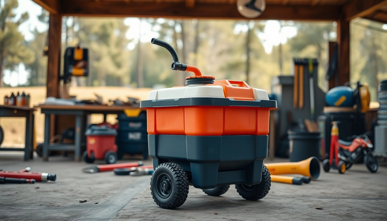 Refueling equipment with a robust Fuel Caddy designed for outdoor efficiency in a workshop environment.