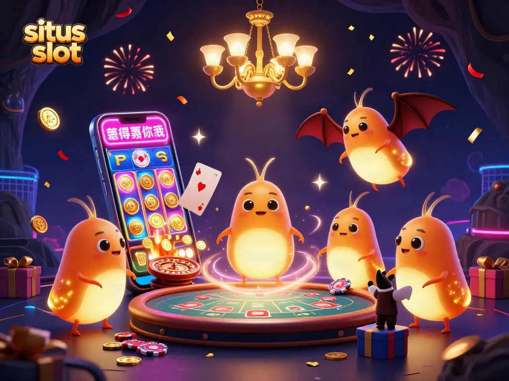 Engage with situs slot at a vibrant cave casino illuminated by glowworms and a bat dealer.