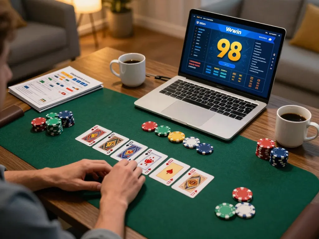 Players strategizing and winning on 98win's online blackjack interface from a cozy setup.