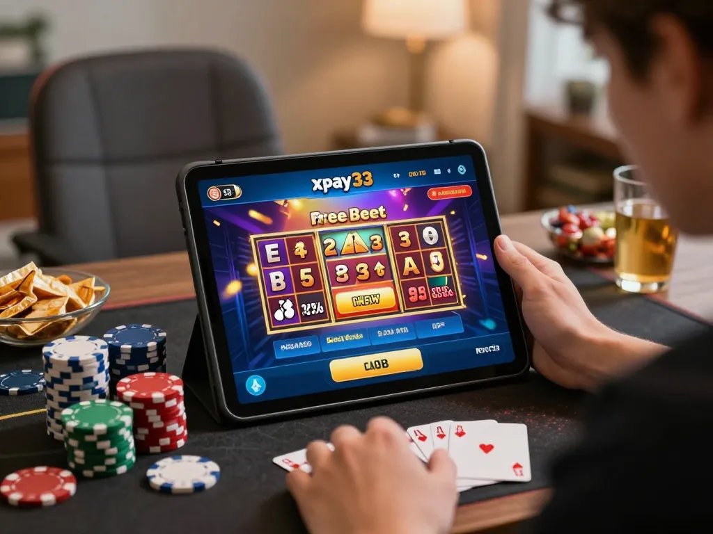 xpay33 bonuses notification on a tablet in a cozy gambling setup