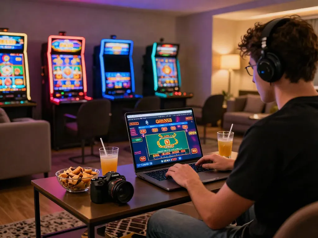 Experience thrilling online gaming with ORION88 on a sleek laptop in a cozy gaming space.