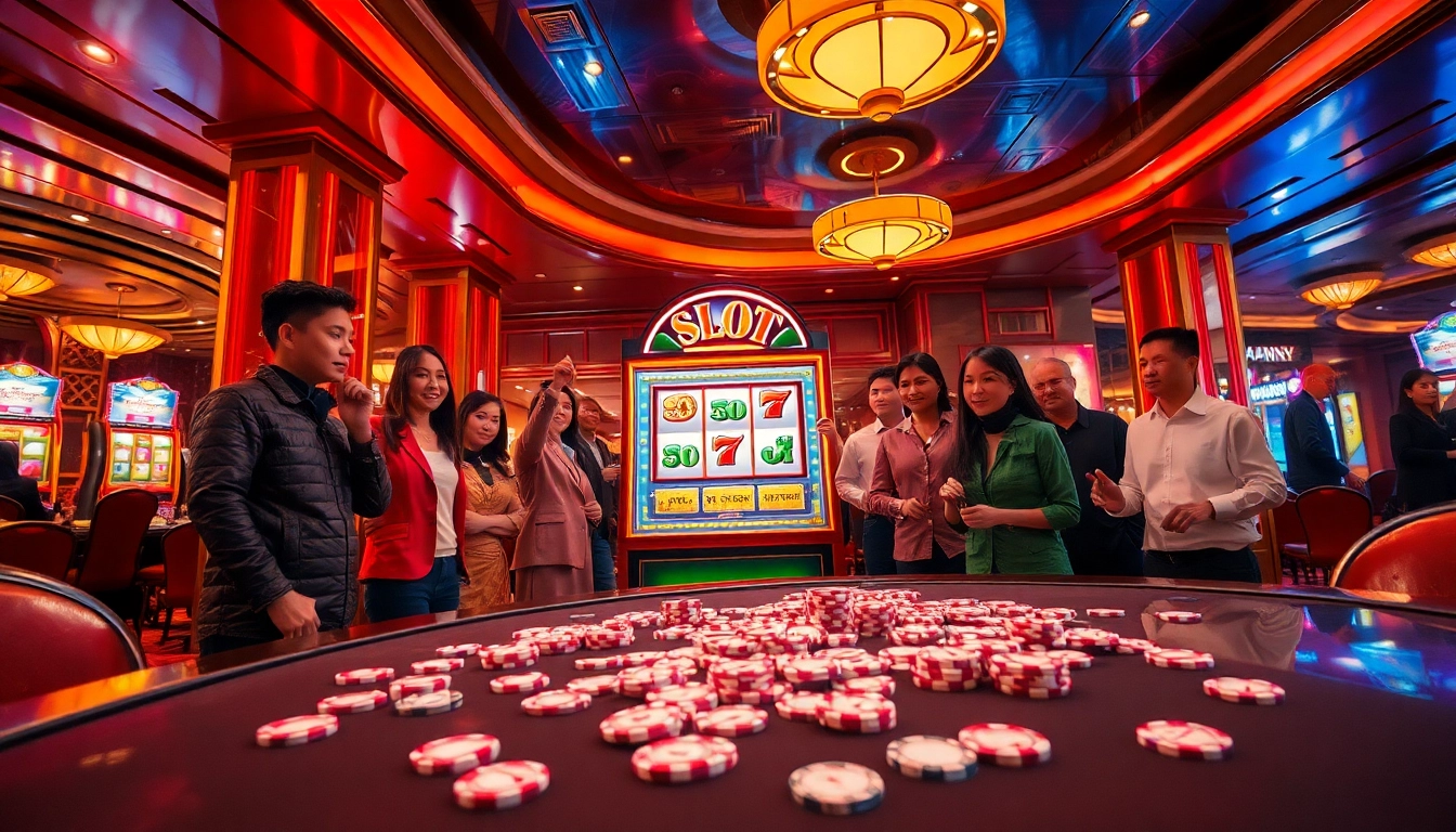 Players enjoying slot scatter hitam at a vibrant casino, capturing excitement and anticipation.