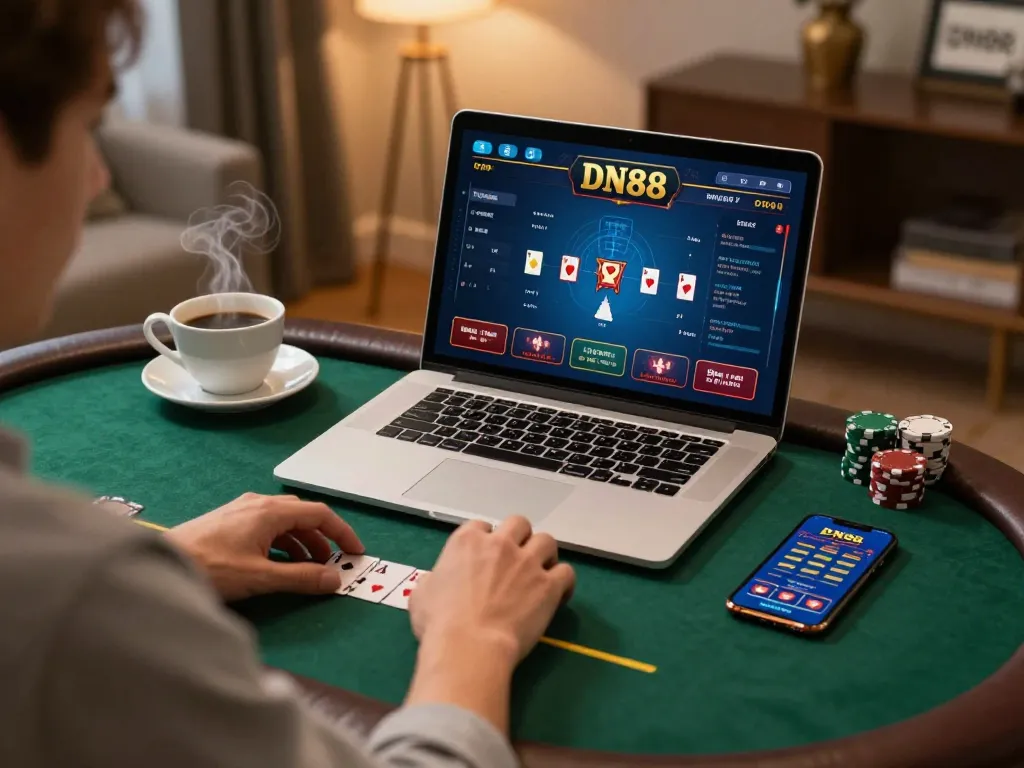 Play poker online at DN88 site using laptop and smartphone in cozy workspace.