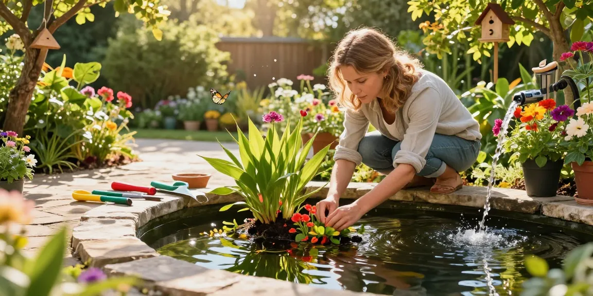 Buy Pond Plants Online: Vibrant aquatic plants in a serene garden pond with landscaping elements inviting nature enthusiasts.